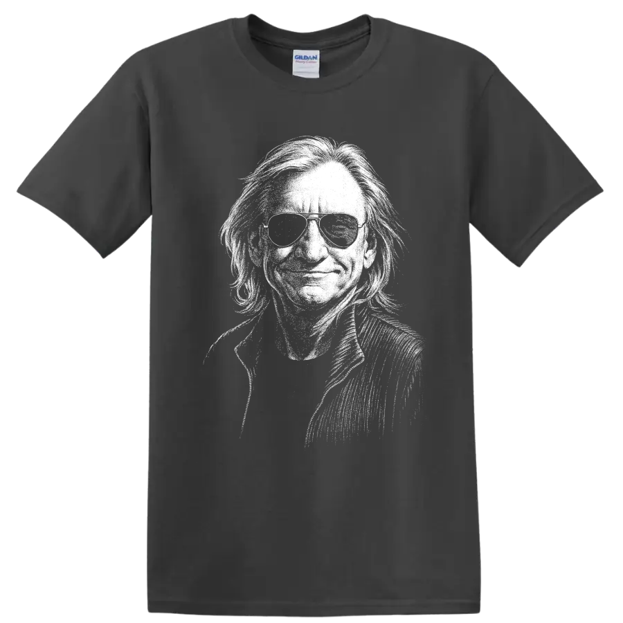 High-contrast monochrome Joe Walsh guitarist portrait holding a guitar on a Charcoal T Shirt