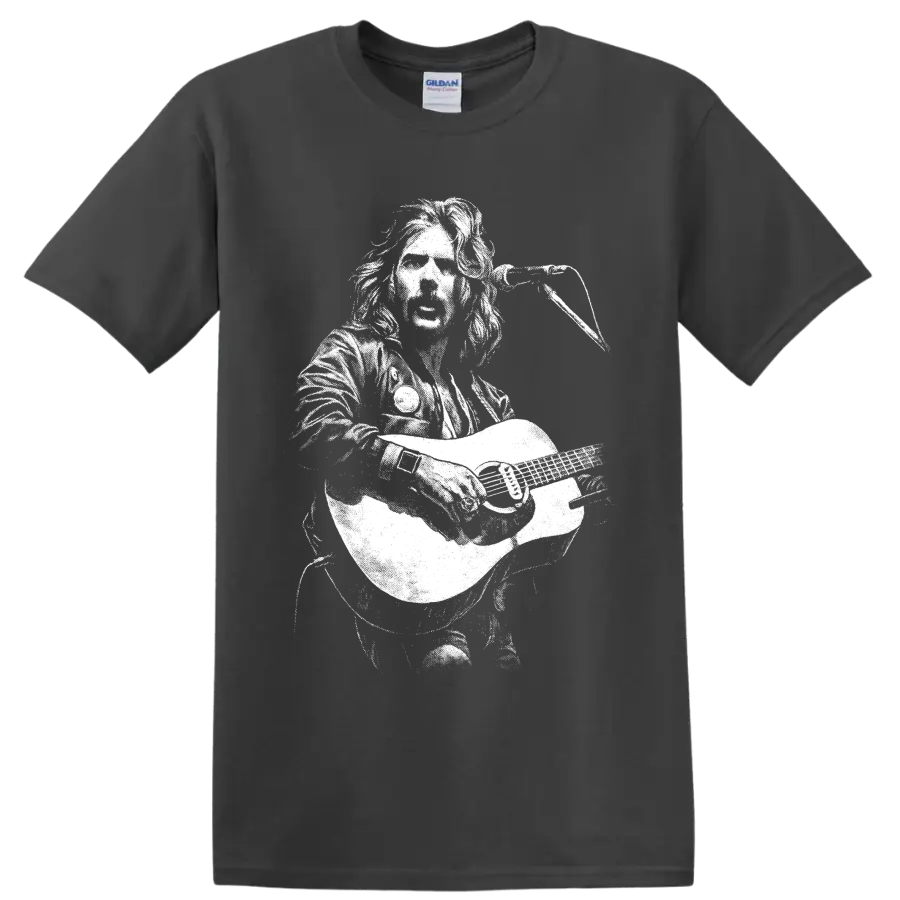 Glenn Frey guitarist portrait in high-contrast monochrome rock art on a Charcoal T Shirt
