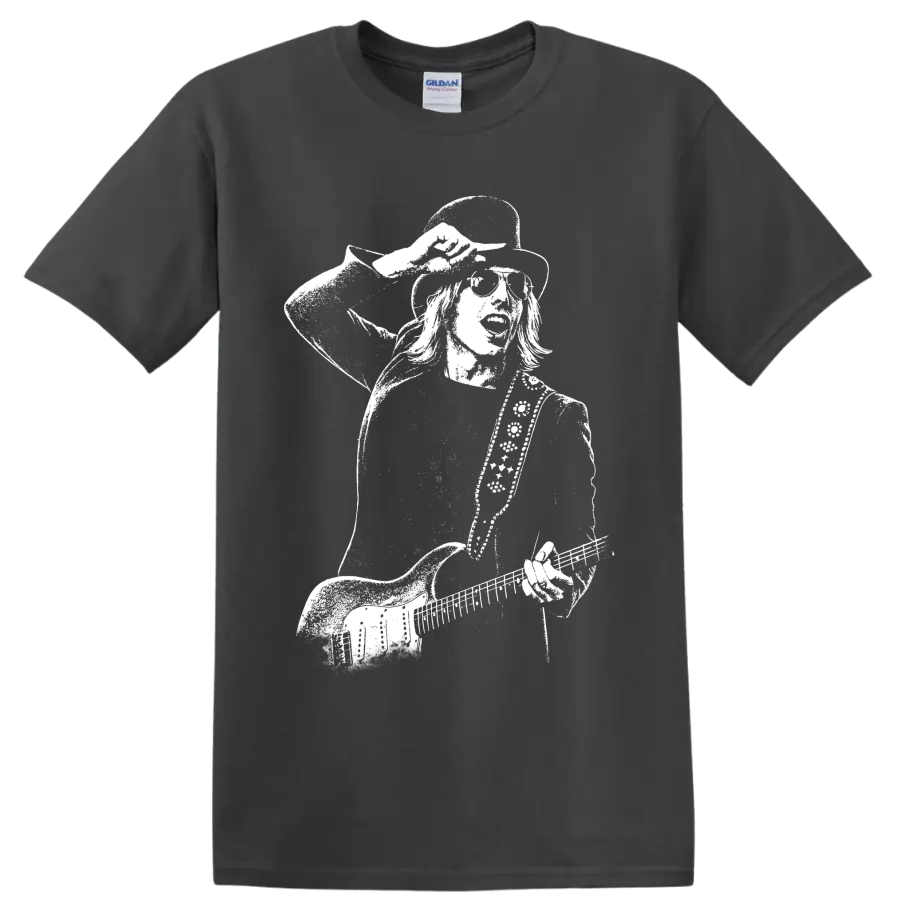 Tom Petty guitar portrait in high-contrast black-and-white vintage rock style on a Charcoal T Shirt