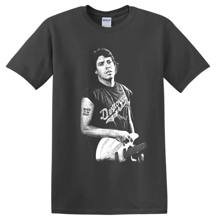 Distressed George Thorogood guitarist portrait in high-contrast rock poster style on a Charcoal T Shirt