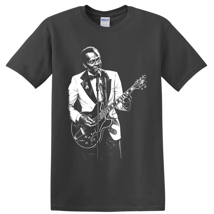 Chuck Berry playing guitar in a bold vintage-inspired white silhouette graphic on a Charcoal T Shirt