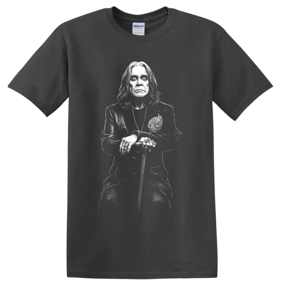 Ozzy Osbourne Black Sabbath inspired monochrome singer portrait illustration on a Charcoal T Shirt