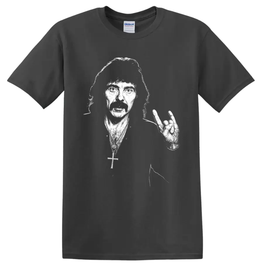 Tony Iommi Black Sabbath guitarist silhouette with electric guitar on a Charcoal T Shirt