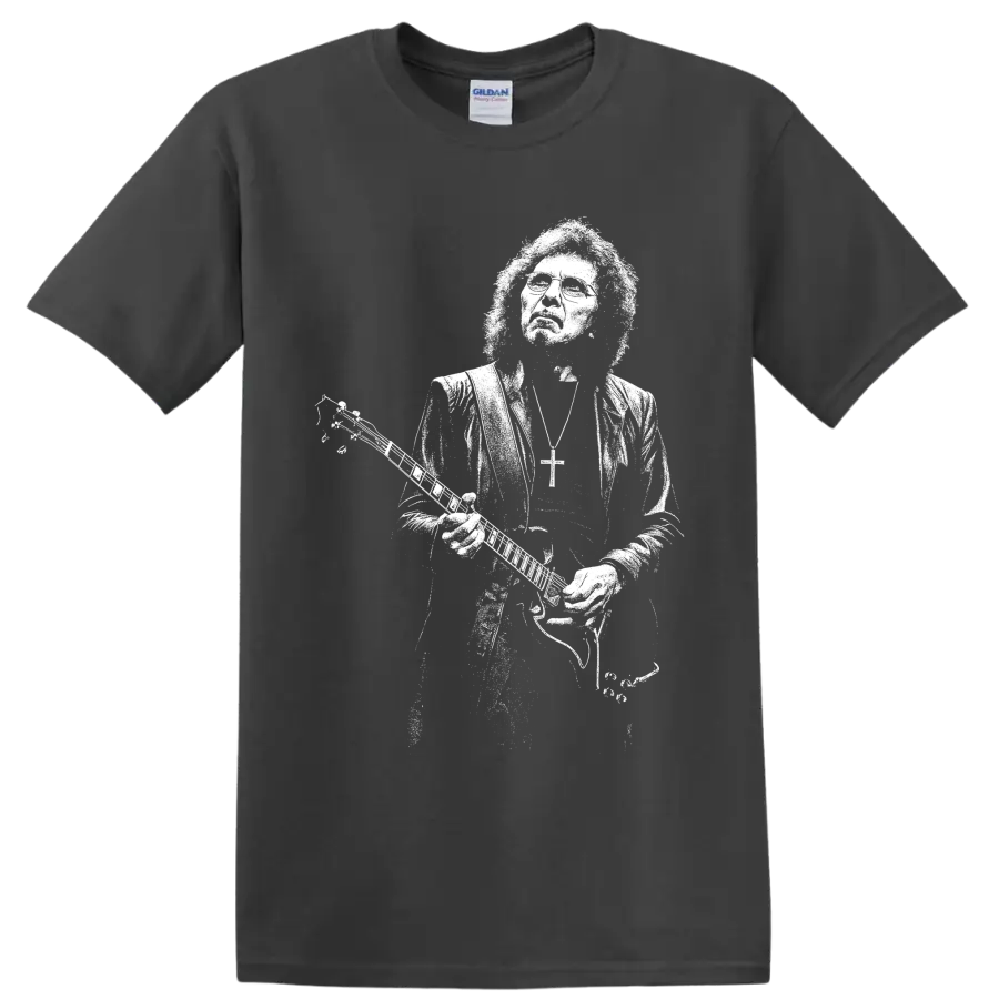 Tony Iommi holding guitar in bold monochrome Black Sabbath-inspired portrait art on a Charcoal T Shirt