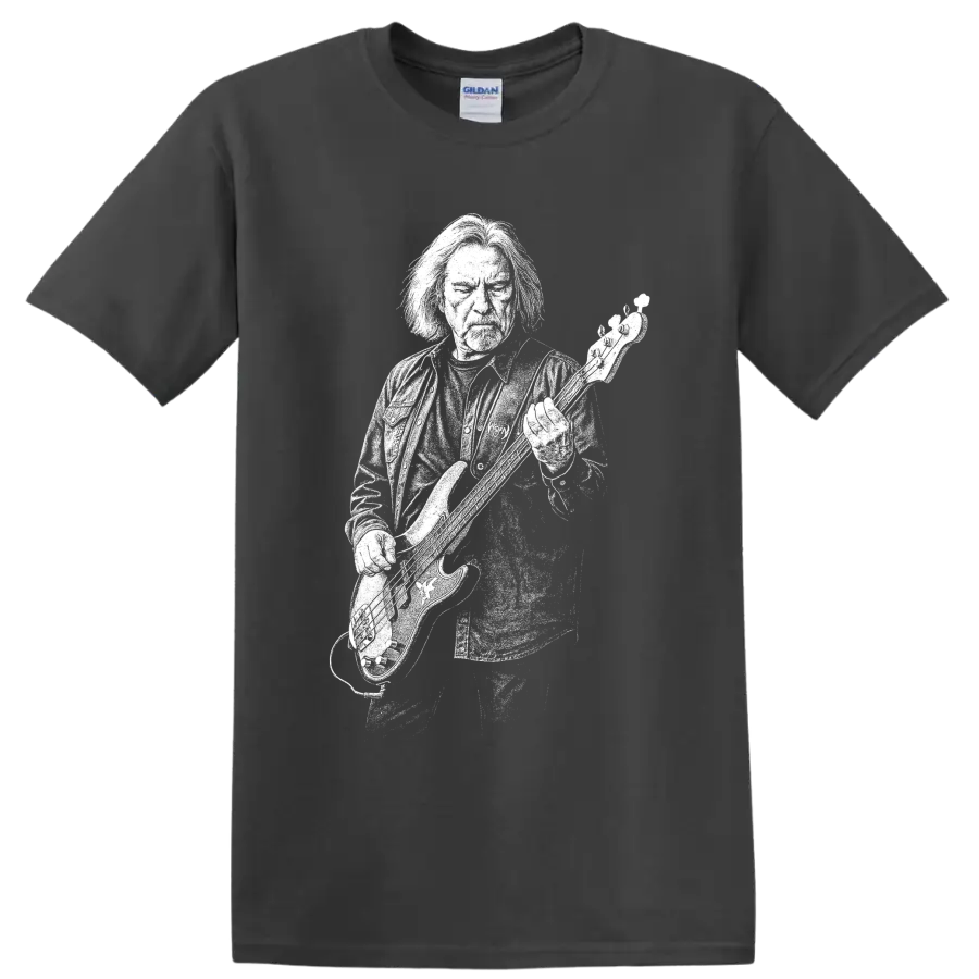 Monochrome Geezer Butler bass guitar performance silhouette graphic on a Charcoal T Shirt