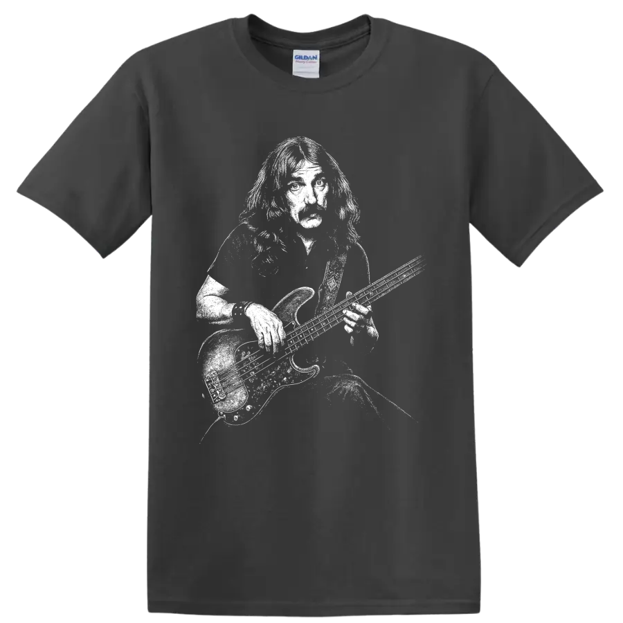 Geezer Butler Black Sabbath bassist portrait in bold black-and-white rock art on a Charcoal T Shirt