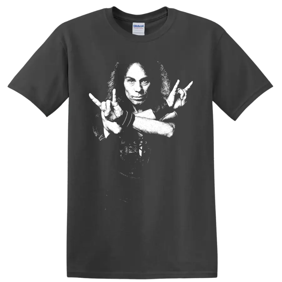 White high-contrast Ronnie James Dio fantasy-inspired heavy metal illustration on a Charcoal T Shirt
