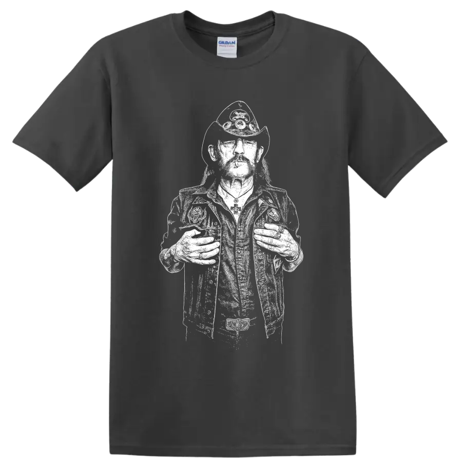 Monochrome Lemmy Kilmister portrait in a bold high-contrast graphic style on a Charcoal T Shirt
