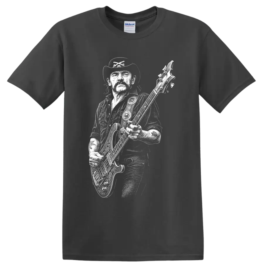 White Lemmy Kilmister silhouette with bass guitar and microphone rock tribute artwork on a Charcoal T Shirt