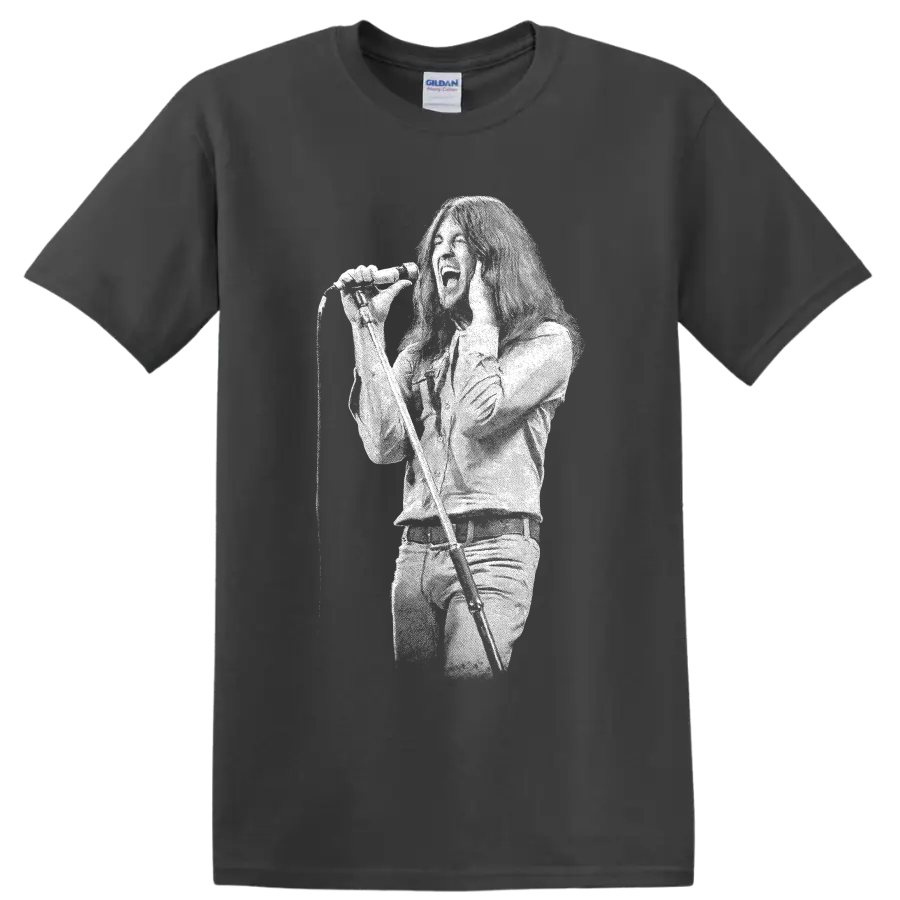 Ian Gillan singing into microphone in bold white silhouette rock portrait on a Charcoal T Shirt