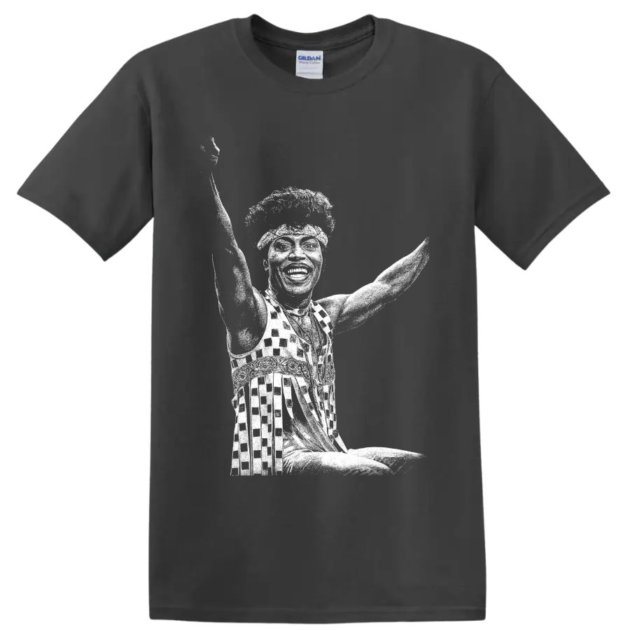 White Little Richard piano performance silhouette in bold high-contrast graphic style on a Charcoal T Shirt