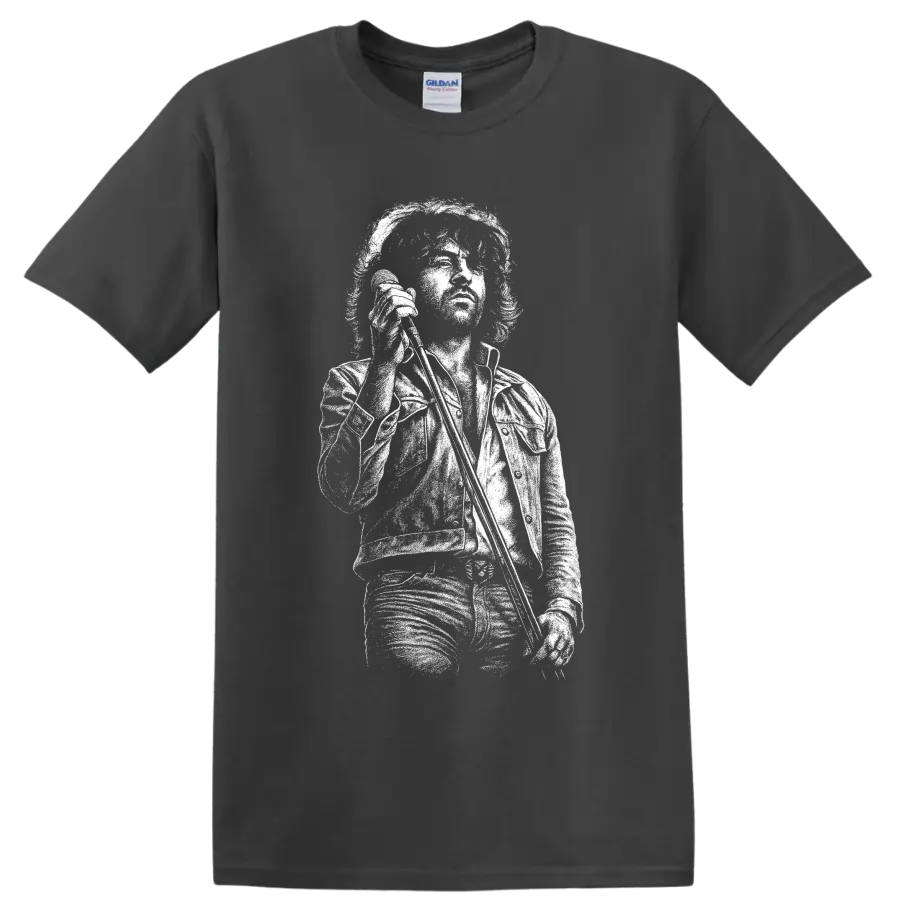 High-contrast Ian Gillan portrait in a monochrome classic rock illustration on a Charcoal T Shirt