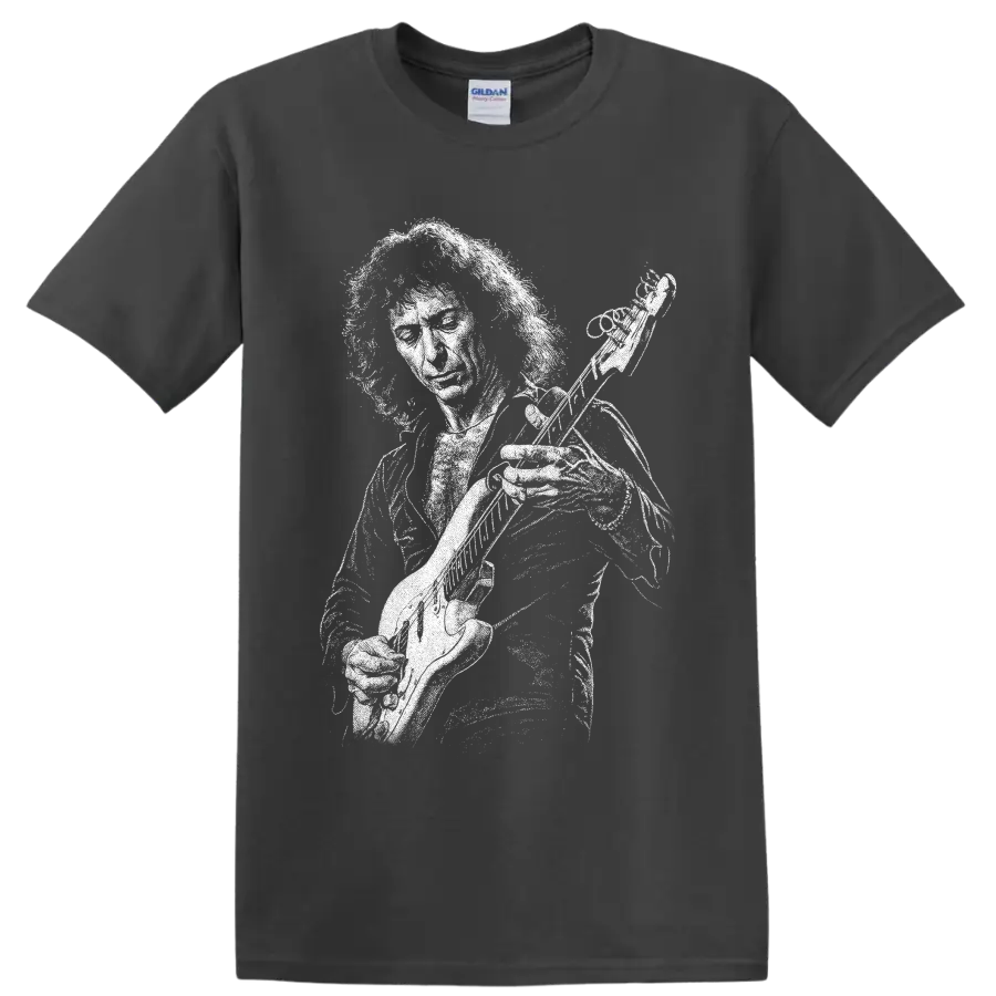 High-contrast Ritchie Blackmore guitarist portrait with electric guitar on a Charcoal T Shirt