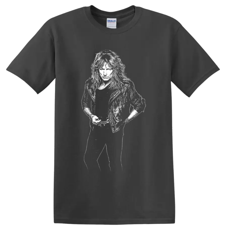 High-contrast monochrome portrait of David Coverdale performing on a Charcoal T Shirt