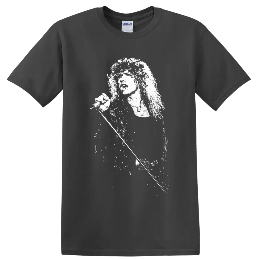 High-contrast David Coverdale portrait in a dramatic monochrome rock art style on a Charcoal T Shirt