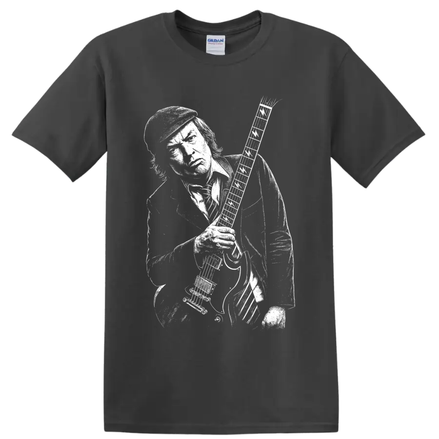 Angus Young AC/DC guitarist black-and-white portrait with electric guitar on a Charcoal T Shirt