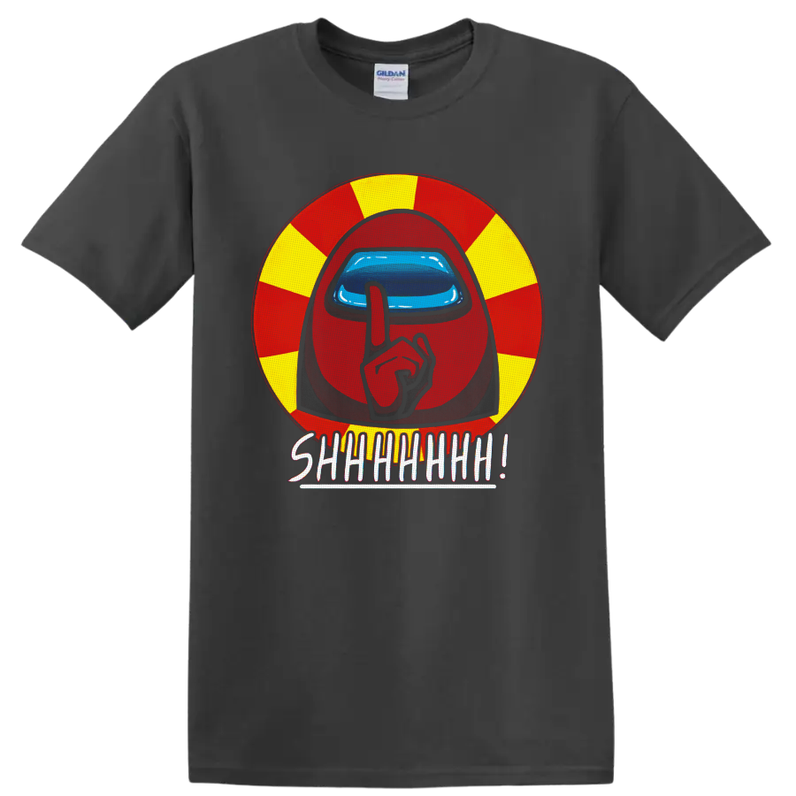 Among Us Red Crewmate shushing in red and yellow circle with SHHHHHH lettering on a Charcoal T Shirt