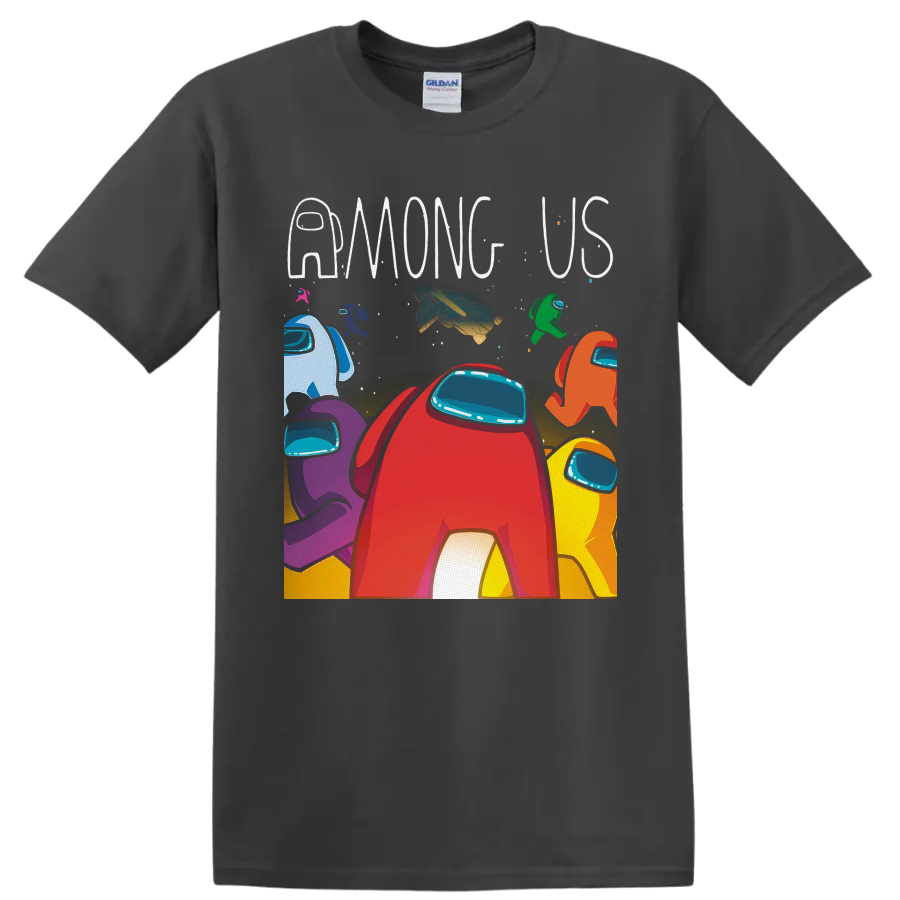 Colorful Among Us Crewmates graphic with red character, stars, spacecraft, and AMONG US on a Charcoal T Shirt
