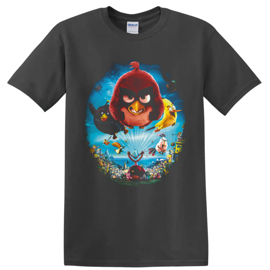 Angry Birds island adventure with flying birds, giant slingshot, and colorful village on a Charcoal T Shirt