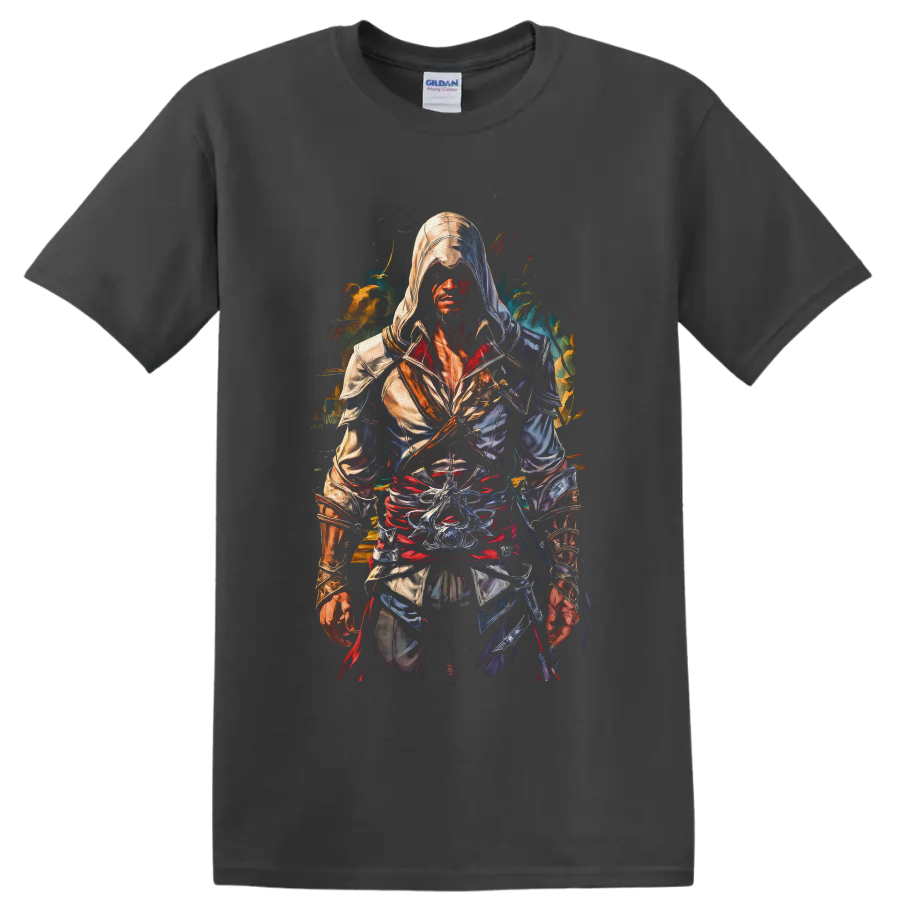 Bayek Assassin's Creed hooded warrior in vivid painterly action art on a Charcoal T Shirt
