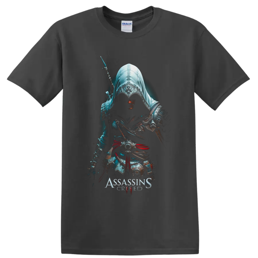 Assassin's Creed hooded Assassin warrior with ornate armor, sword, and red sash on a Charcoal T Shirt