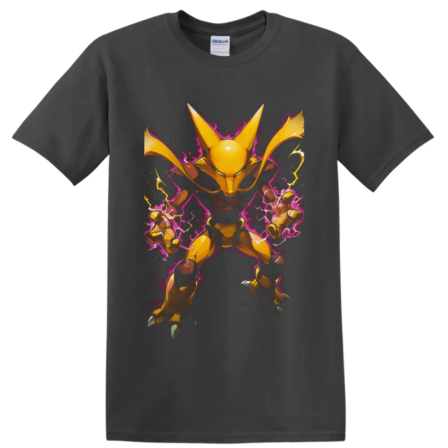 Alakazam in golden anime style with purple psychic energy and lightning on a Charcoal T Shirt