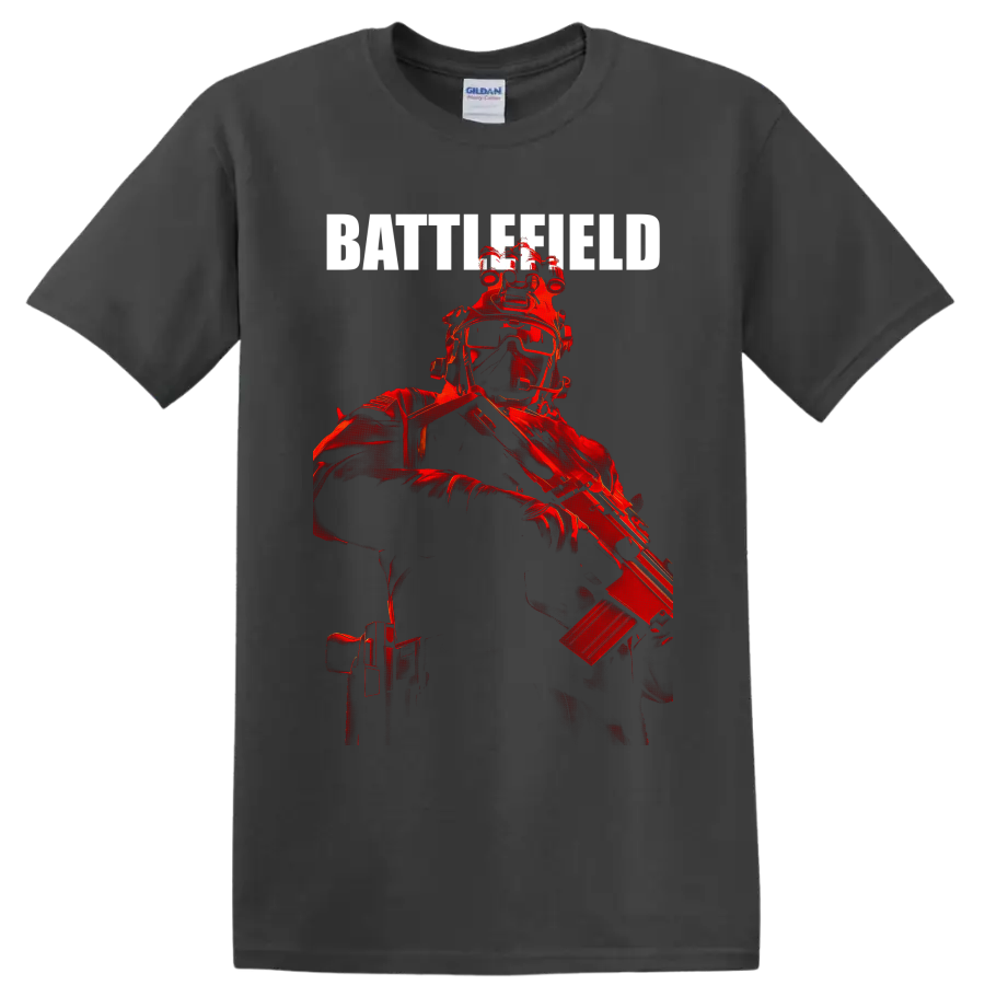 Red tactical Battlefield Soldier illustration with goggles, helmet gear, and rifle on a Charcoal T Shirt