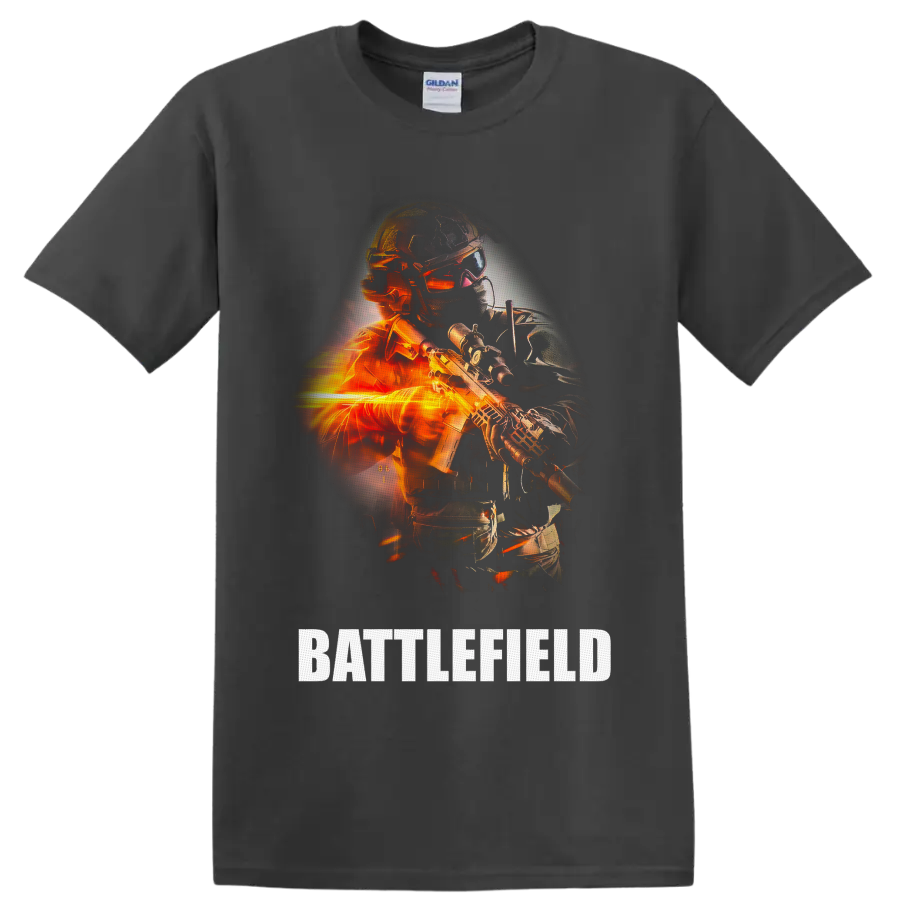 Battlefield Soldier with futuristic rifle, orange fire effects, and BATTLEFIELD text on a Charcoal T Shirt