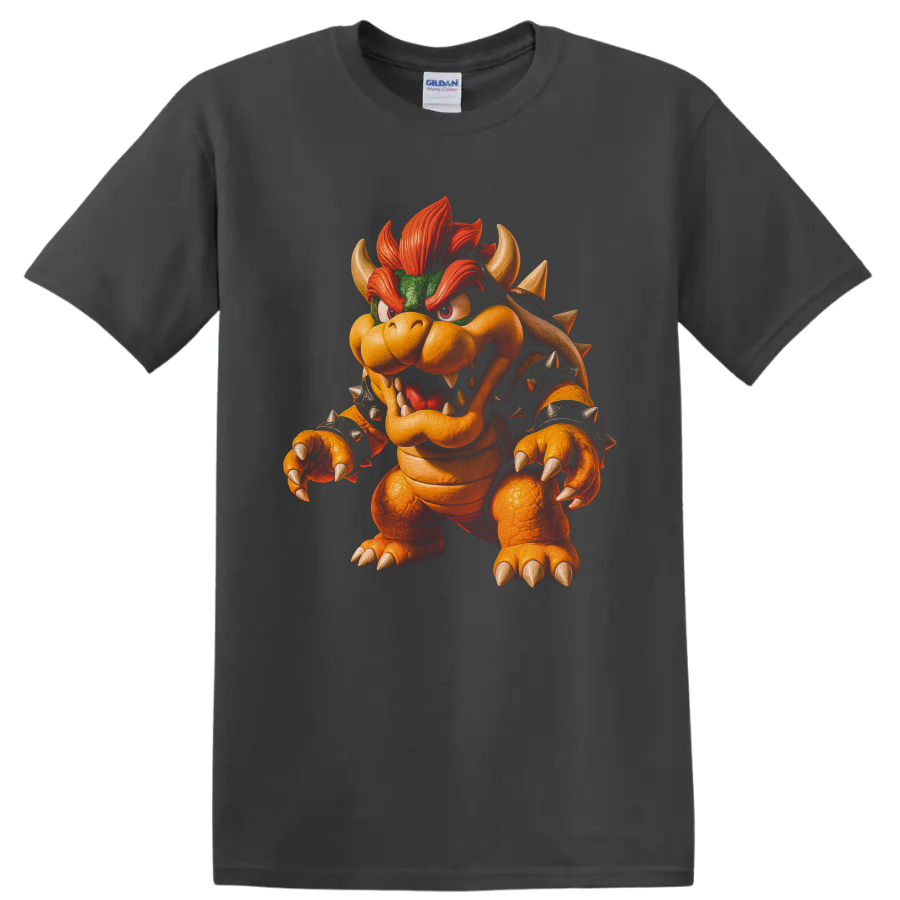 Bowser roaring with spiked shell, horns, claws, and fiery red hair character art on a Charcoal T Shirt