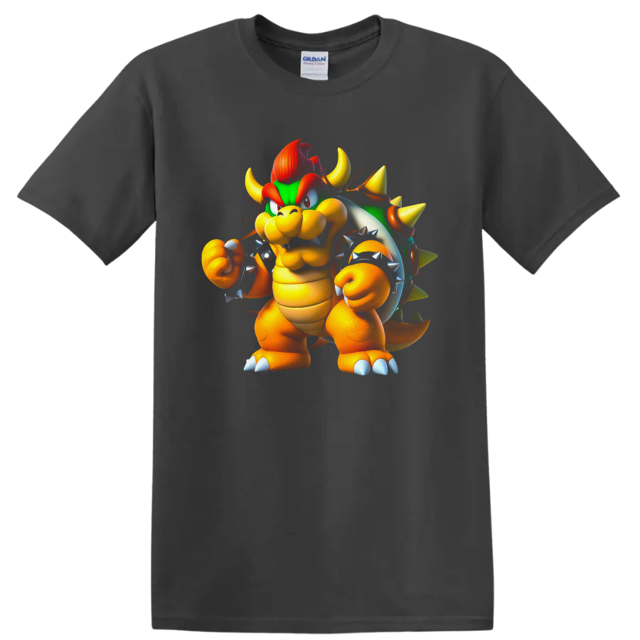 Bowser Super Mario cartoon character with green spiked shell and raised fist on a Charcoal T Shirt