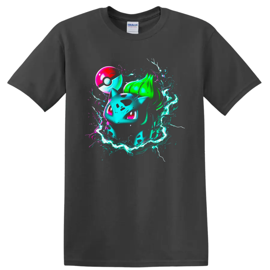 Neon Bulbasaur with glowing energy ribbons and a red-and-white orb on a Charcoal T Shirt