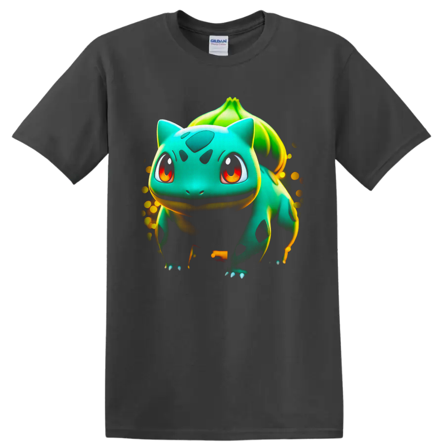 Bulbasaur Pokémon glowing seed creature portrait with leafy bulb and golden speckles on a Charcoal T Shirt