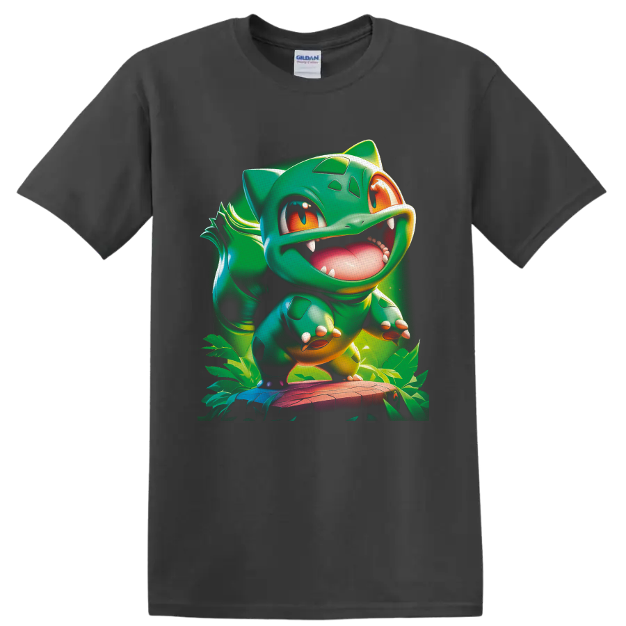 Bulbasaur Pokémon character in glossy jungle cartoon art with tropical leaves on a Charcoal T Shirt
