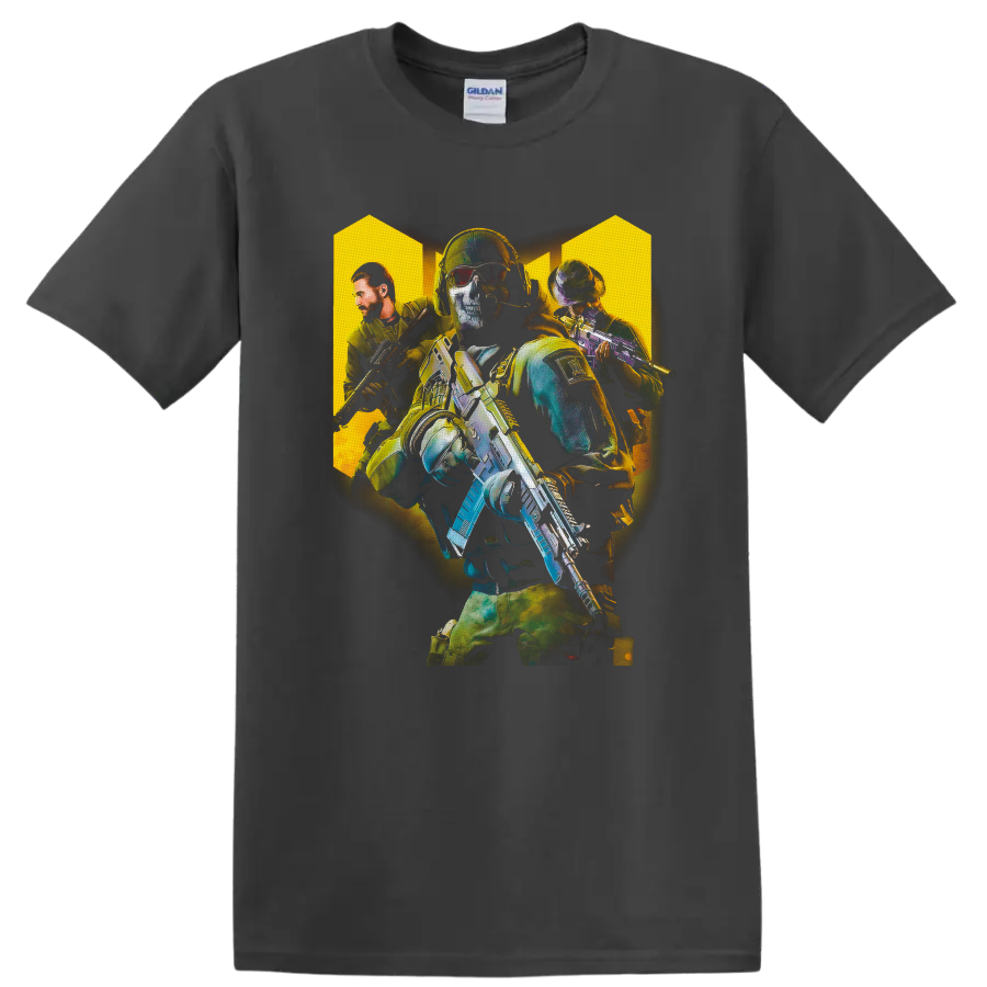 Call of Duty tactical soldiers graphic with skull-masked operator and armed squad on a Charcoal T Shirt