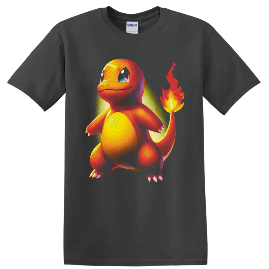 Charmander Pokémon character with glowing tail flame in vivid airbrushed artwork on a Charcoal T Shirt
