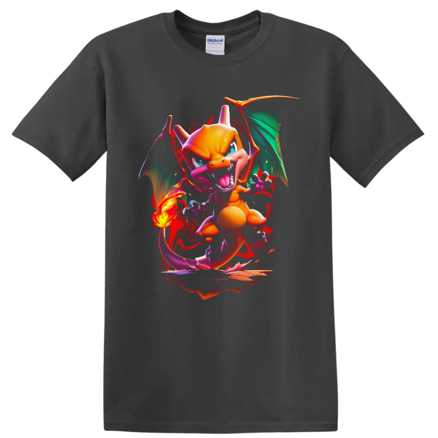 Charizard Pokémon neon fire dragon with teal wings, tail flame, and red paint splashes on a Charcoal T Shirt
