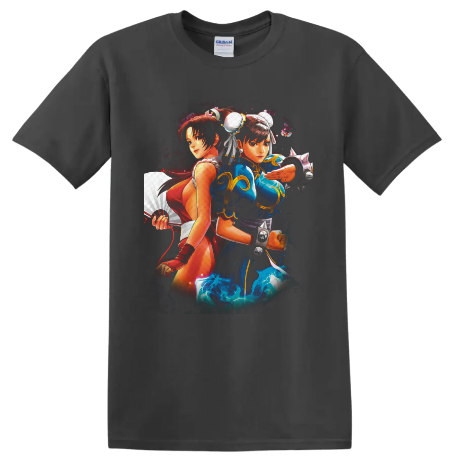 Chun-Li and Mai Shiranui anime-style fighting game duo with fan and energy effects on a Charcoal T Shirt