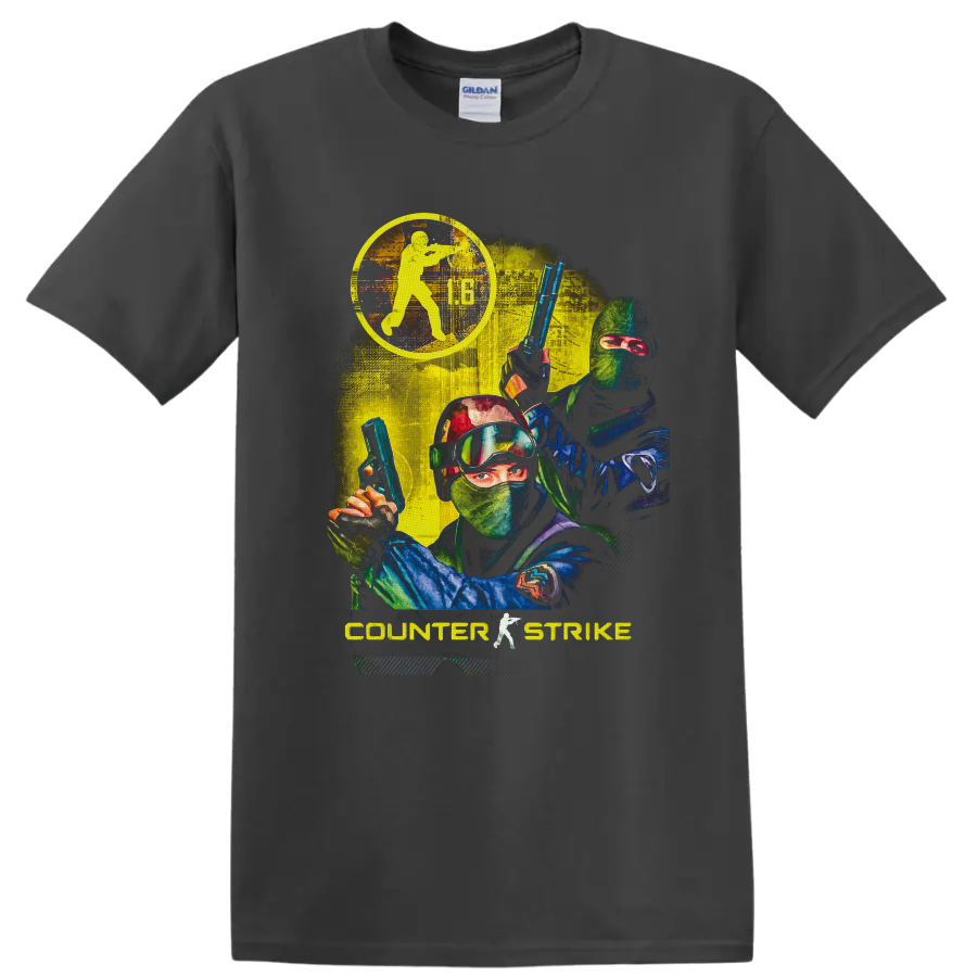 Counter-Strike 1.6 Counter-Terrorist operatives in distressed retro tactical action art on a Charcoal T Shirt