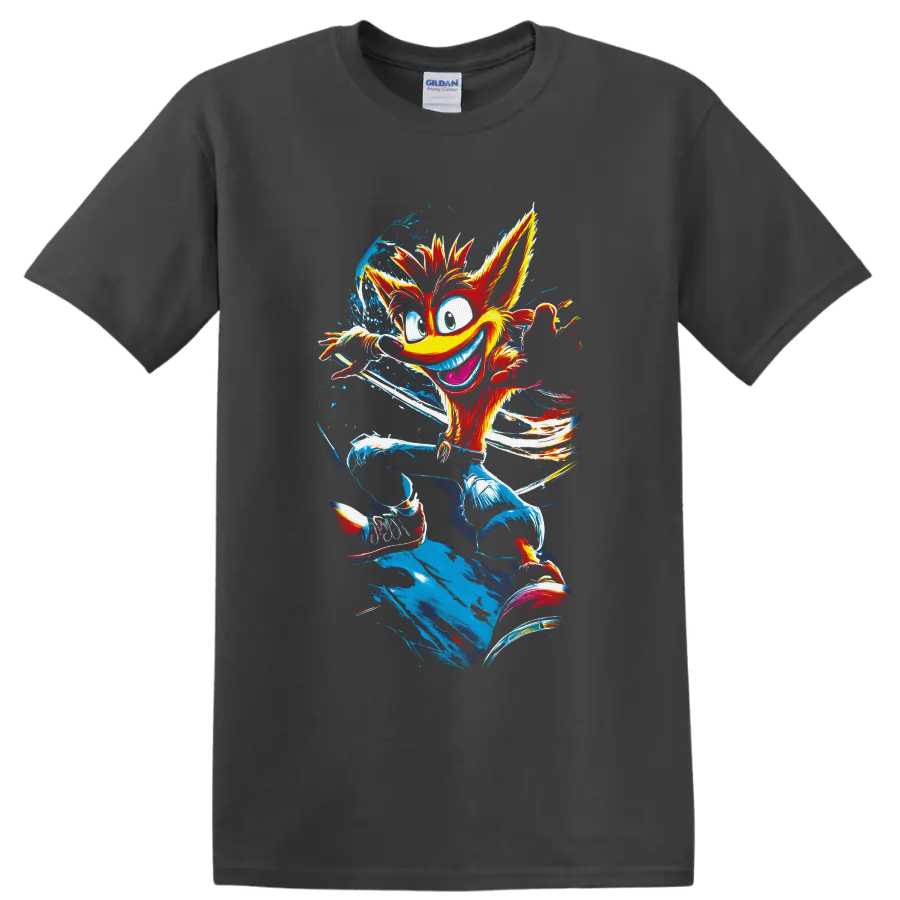 Crash Bandicoot running in colorful retro paint splatter illustration on a Charcoal T Shirt