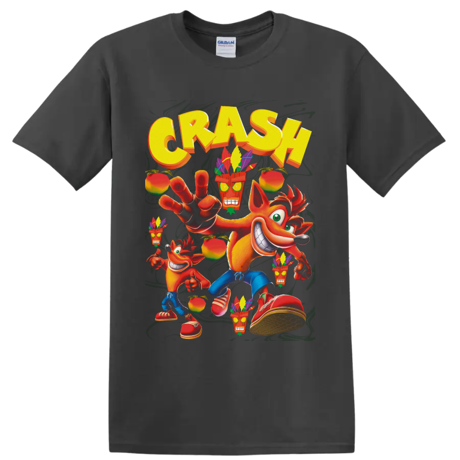 Crash Bandicoot with Aku Aku masks, tropical fruit, and bold yellow CRASH lettering on a Charcoal T Shirt