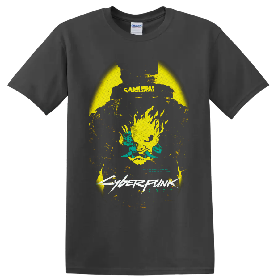 Cyberpunk 2077 Samurai flaming skull with teal flowers and distressed futuristic lettering on a Charcoal T Shirt