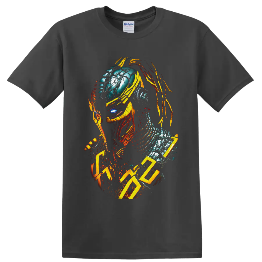Cyrax Mortal Kombat cyber ninja portrait with yellow armor and mechanical details on a Charcoal T Shirt