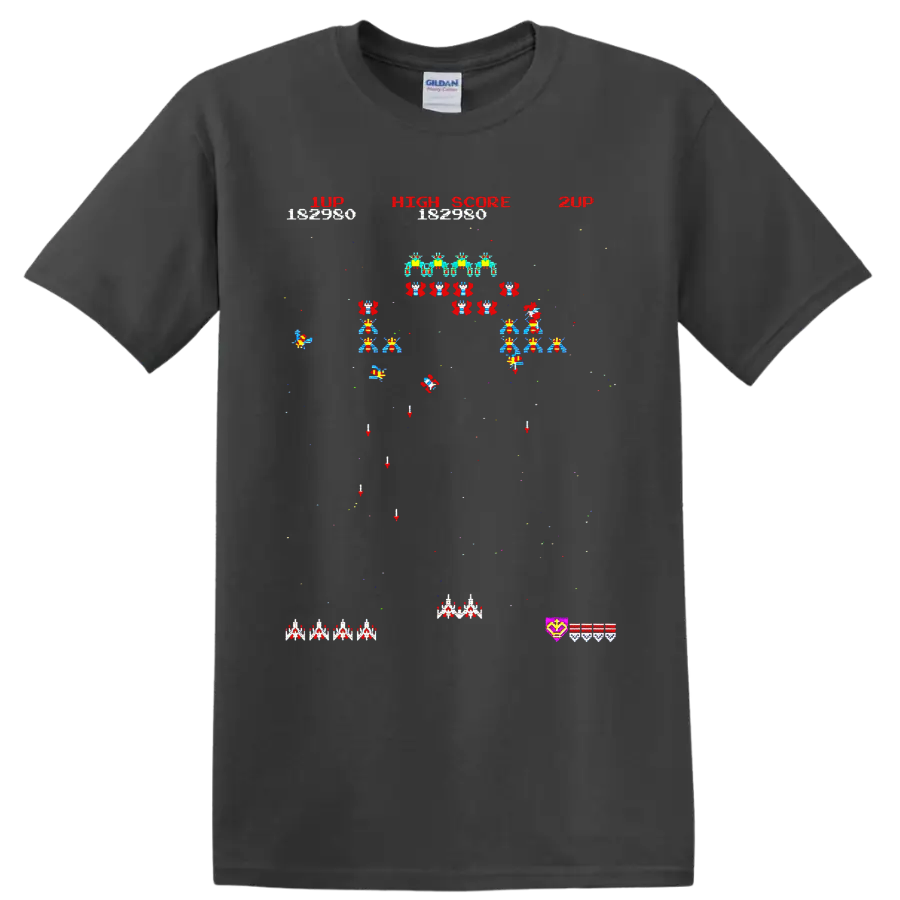 Space Invaders pixel art arcade battle with alien rows, ships, and high score text on a Charcoal T Shirt