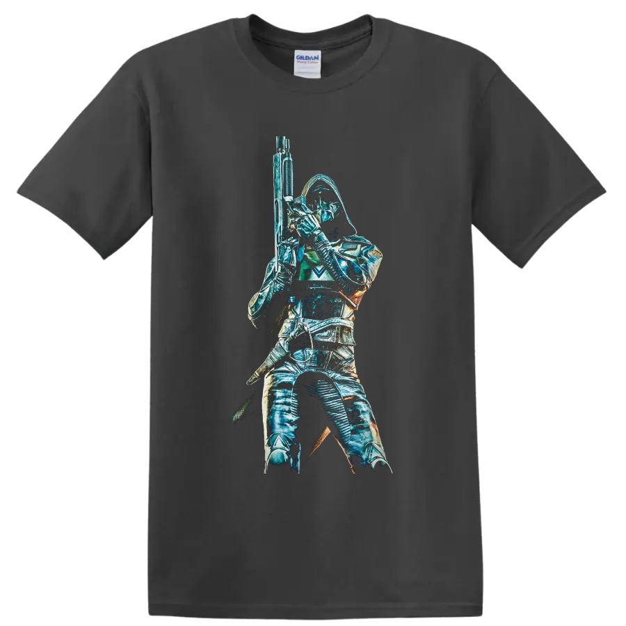 Destiny 2 Hunter in hooded armor holding a rifle, teal sci-fi graphic on a Charcoal T Shirt