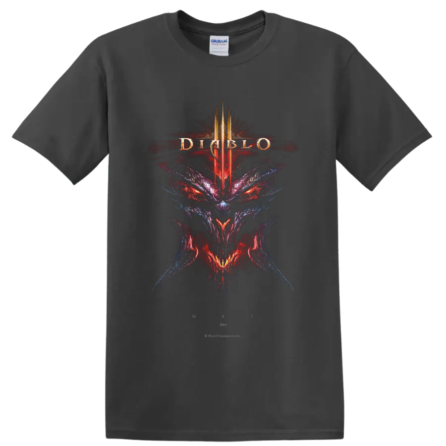 Diablo IV demon skull with red eyes, Roman numeral IV crest, and gothic fantasy art on a Charcoal T Shirt