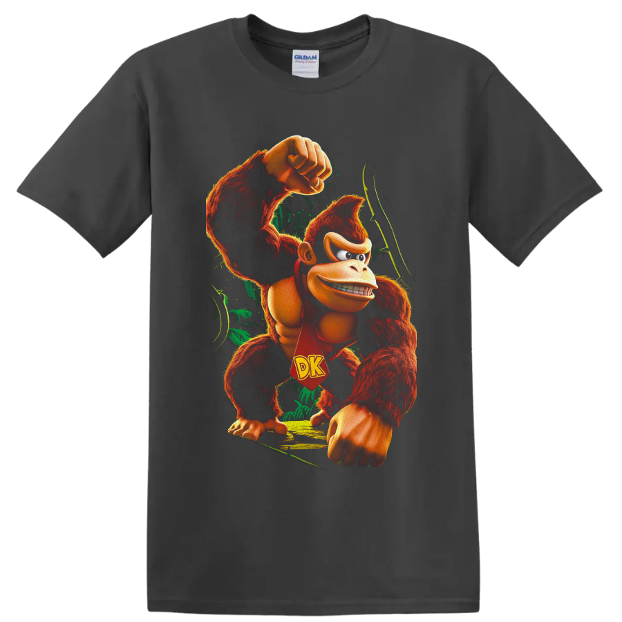 Donkey Kong raising a fist in a vivid jungle scene with a red DK tie on a Charcoal T Shirt