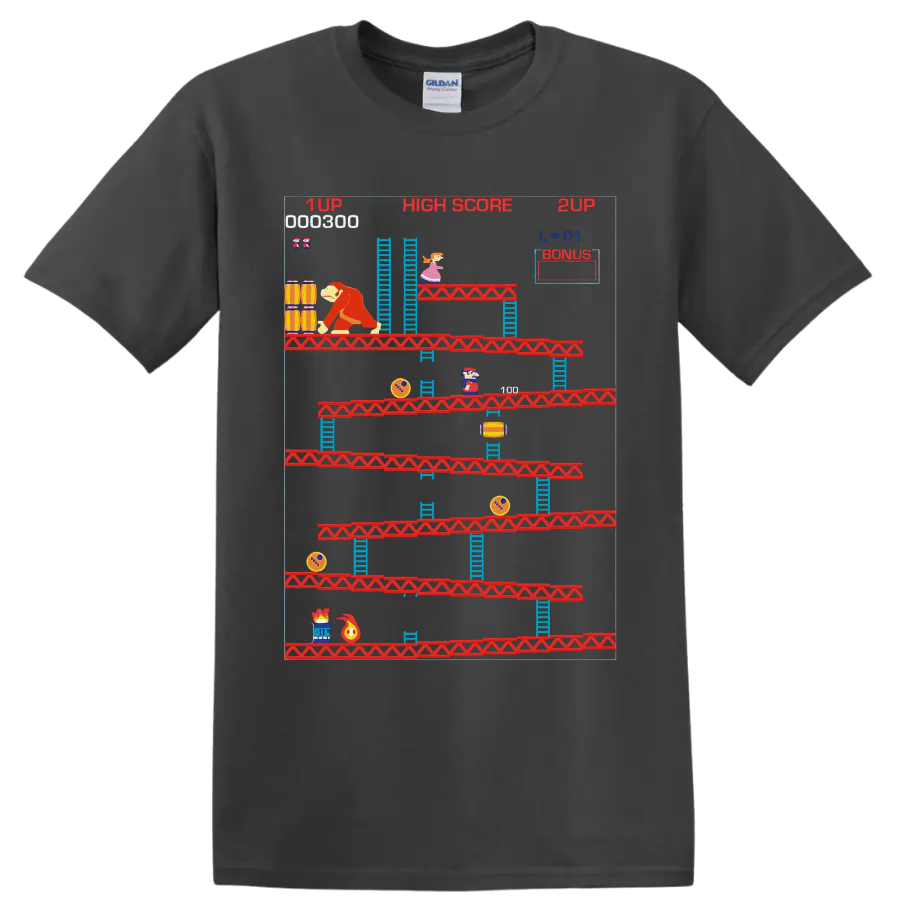 Donkey Kong Mario retro arcade platform graphic with ladders, barrels, and high score text on a Charcoal T Shirt