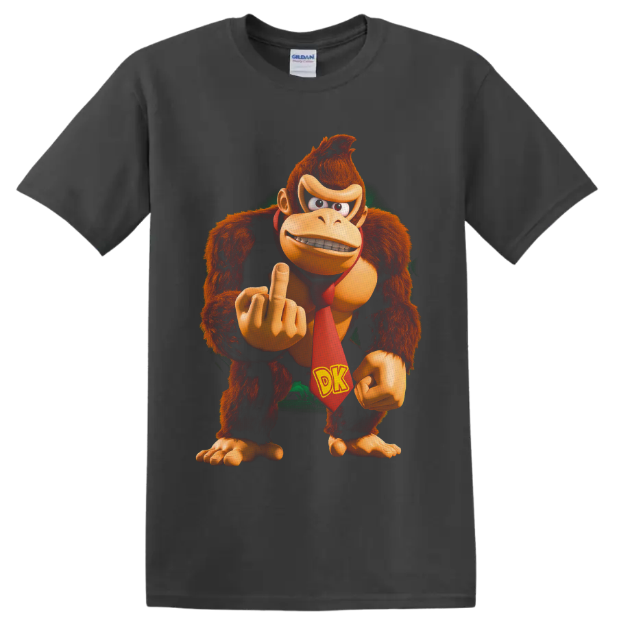 Donkey Kong character graphic with red DK tie and raised rude gesture on a Charcoal T Shirt
