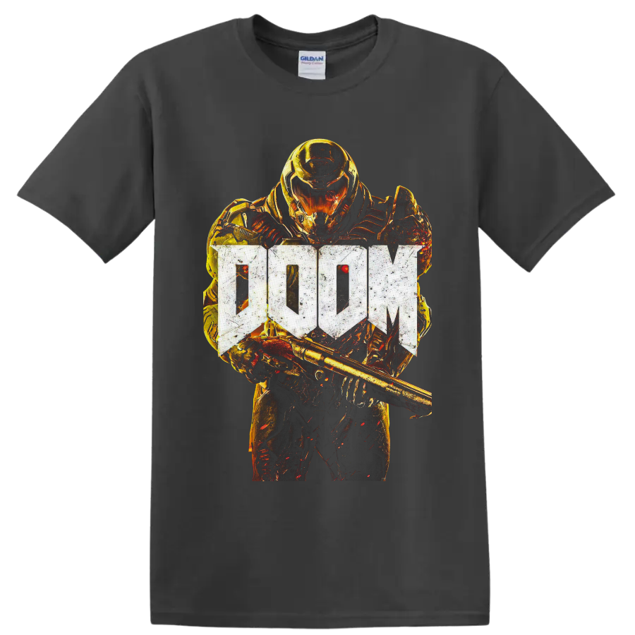 Doom Slayer in fiery gold armor with weapon and distressed DOOM logo on a Charcoal T Shirt