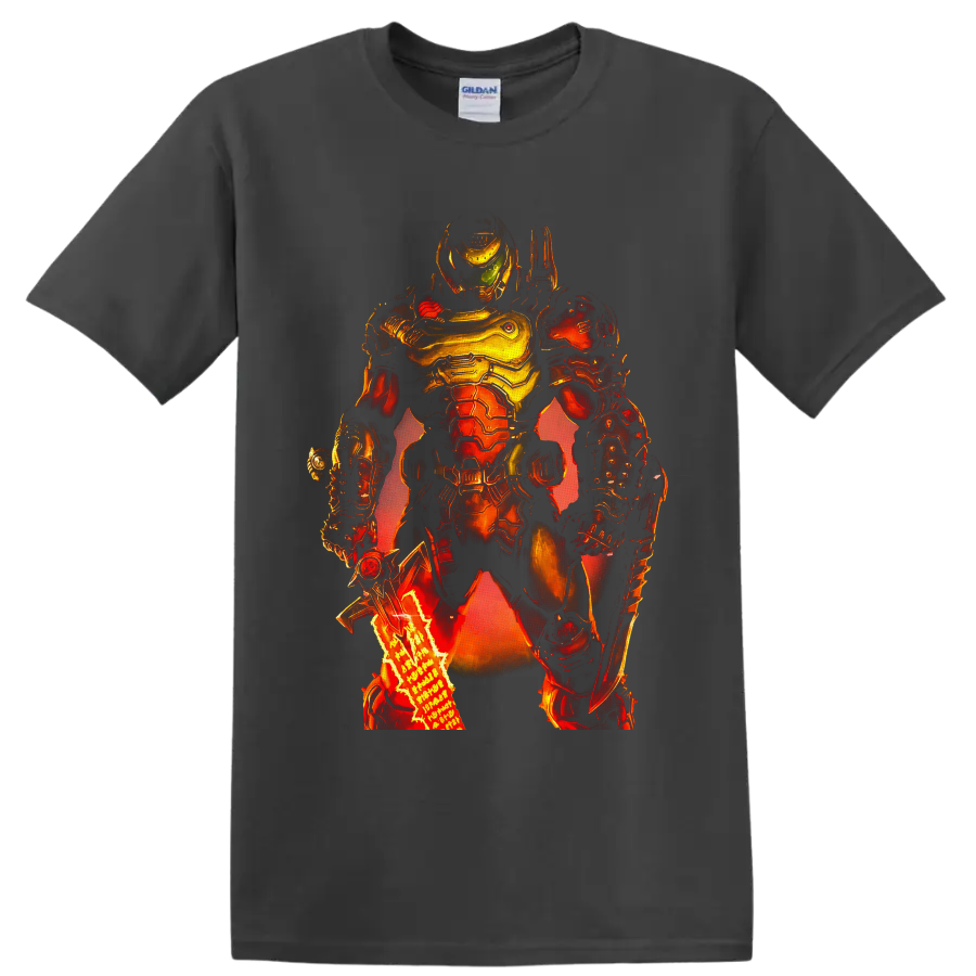 Doom Slayer in fiery futuristic armor with green visor and weapon details on a Charcoal T Shirt